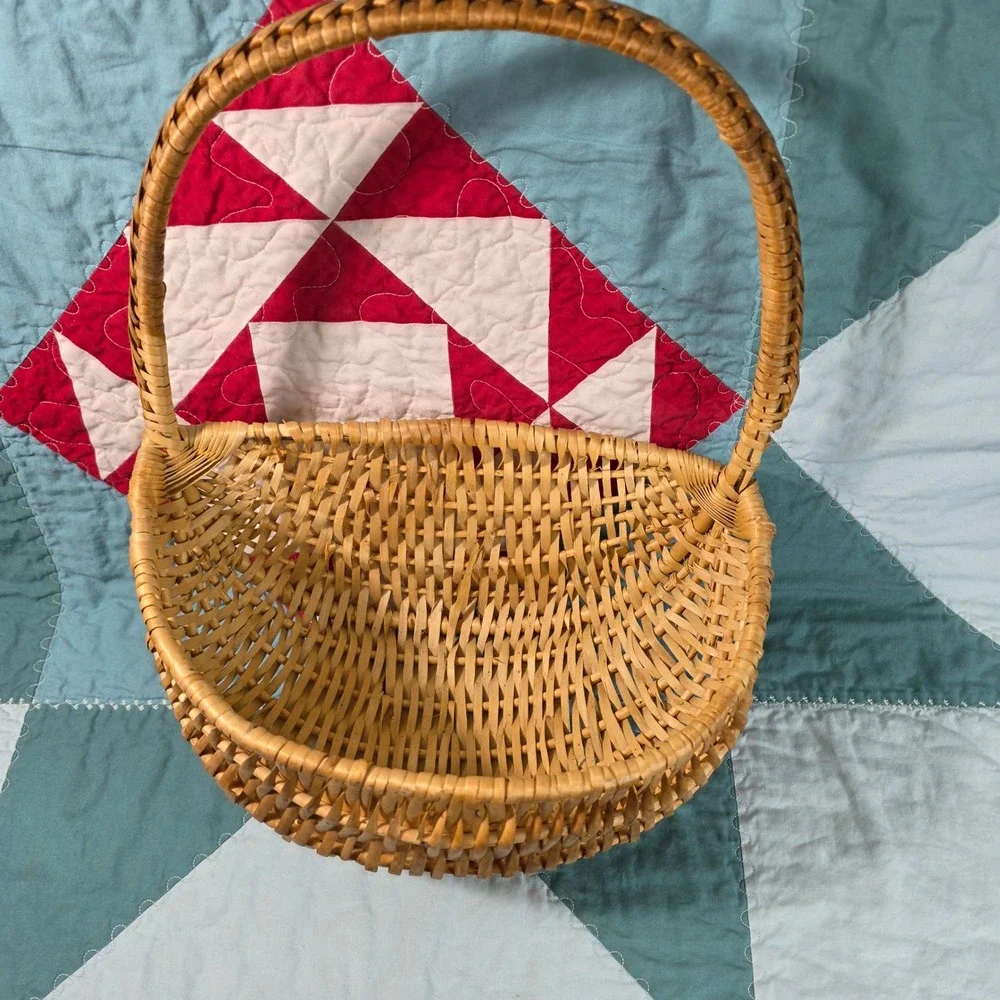 Wicker Gathering Basket Tan Woven Handle Half Basket Farmhouse Cottagecore Decor